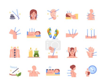 Illustration for Acupuncture icons set. Stickers with spa treatments and massages, aroma stick, candle and patches. Health and body care with oriental medicine. Cartoon flat vector isolated on white background - Royalty Free Image