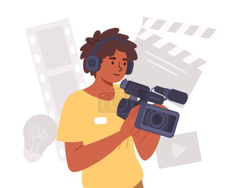 Illustration for Boy with videocamera concept. Cute and adorable teenager with camera. Paparazzi and blogger. Teenager creates interesting content for social networks. Cartoon flat vector illustration - Royalty Free Image