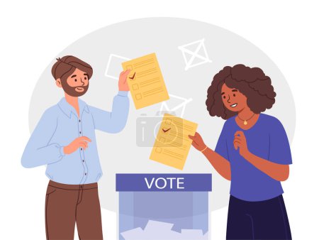 Illustration for Peopel vote concept. Man and woman put pieces of paper with their choice into ballot box. Politics and democracy, freedom of choice and referendum. Cartoon flat vector illustration - Royalty Free Image