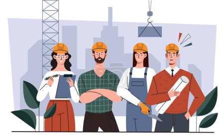 Builders in hats concept. Men and women with blueprints and construction shovel against backdrop of buildings. Team of architects and engineers. Cartoon flat vector illustration