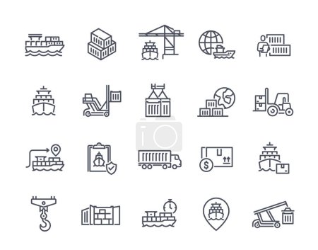Illustration for Cargo delivery by ship icons set. Outline port Logistics Related stickers. Sea route and loading process of container stacking on ship and cars. Linear flat vector isolated on white background - Royalty Free Image