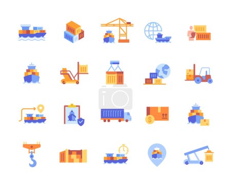 Illustration for Cargo delivery by ship icons set. Colorful stickers with loading process of stacking containers. Sea route with logistics related port, ships and cars. Cartoon flat vector isolated on white background - Royalty Free Image