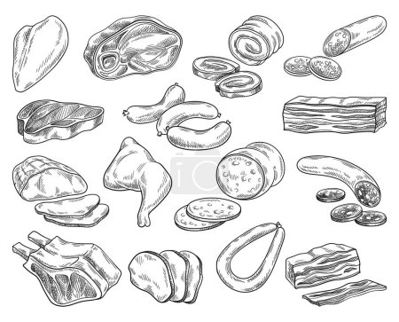 Illustration for Meat products set. Outline retro sketch with sausage and sausages, bacon and steak, pork and beef. Brisket and mortadella food engraving. Linear flat vector collection isolated on white background - Royalty Free Image
