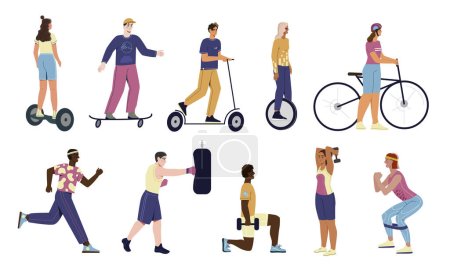 Illustration for People and sports set. Characters doing exercises and squat in gym, boxing and running, riding electric scooter and bicycle, skateboard and hoverboard. Cartoon flat vector isolated on white background - Royalty Free Image