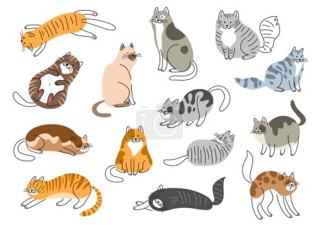 Cute cats set. Outline funny fluffy and tabby kittens characters. Icons with colorful friendly pets or domestic animals in different poses. Cartoon flat vector collection isolated on white background