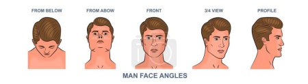 Illustration for Man face angles set. Head of young human from below and above, front and profile, three quarter and turn of view. Realistic guy portraits. Linear flat vector collection isolated on white background - Royalty Free Image