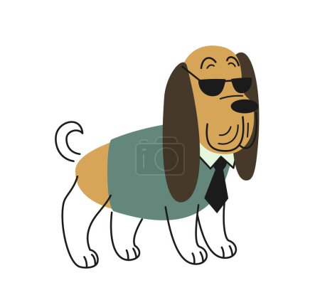 Ilustración de Lindo perro con traje. Adorable cachorro de sabueso lineal en gafas de sol y camisa. Impresión garabato dibujada a mano con mascota para aplicaciones y webs. Ilustración vectorial plana de dibujos animados aislada sobre fondo blanco - Imagen libre de derechos