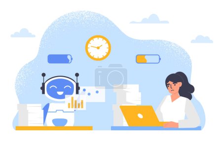 Illustration for Automation of robotic processes concept. Artificial intelligence and machine learning. Woman work with chatbot. Modern technologies and innovations. Cartoon flat vector illustration - Royalty Free Image