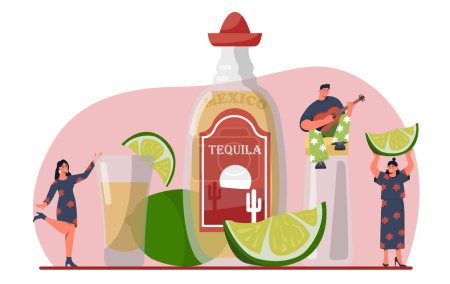 Illustration for People drinking tequila concept. Man and women near large bottle with alcoholic drink and beverage. Young guys and girls with citrus slices and glasses. Cartoon flat vector illustration - Royalty Free Image