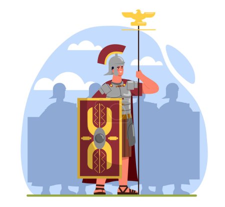 Illustration for Roman legionary with spear concept. Man in armor with shield. Ancient warrior in helmet. Young guy in historical scene. Army war soldier. Antique weapon. Cartoon flat vector illustration - Royalty Free Image