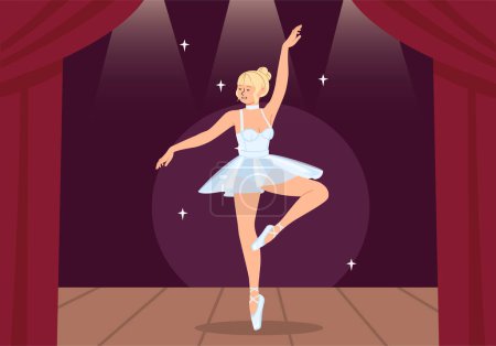 Illustration for Girl dance ballet at stage concept. Creativity and art. Child dancing in white dress. Ballet and theatre. Actress perform. Poster or banner for website. Cartoon flat vector illustration - Royalty Free Image