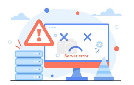 Server error concept. Technical problems on website and webpage. Page not found, error 404. Modern technologies and innovations. Sad computer monitor. Cartoon flat vector illustration