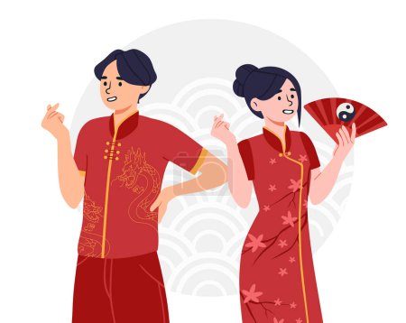 Illustration for People at chinese costumes concept. Man and woman in red suits with tshirts and fan. Traditional asian holiday, celebration and festival greeting postcard. Cartoon flat vector illustration - Royalty Free Image