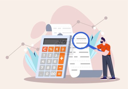 Illustration for Man with income calculation. Guy with magnifying glass near financial bill and calculator. Accumulation and budgeting, accounting. Estimation of expenses and income. Cartoon flat vector illustration - Royalty Free Image