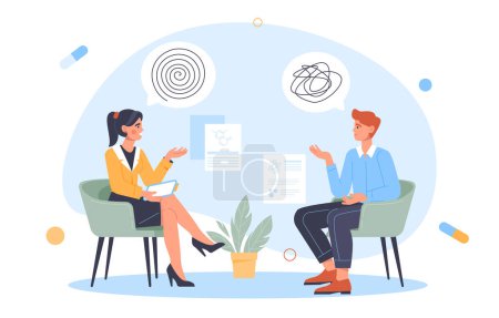 Illustration for Psychologist with client concept. Man answers womans questions. Mental health and psychological support, awareness. Counseling and therapy. Frustration and depression. Cartoon flat vector illustration - Royalty Free Image