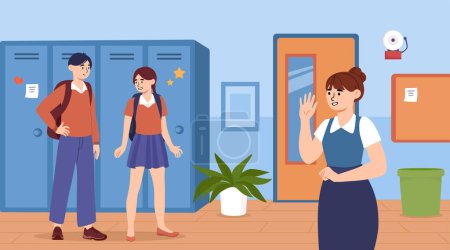 Illustration for School hall concept. Boy and girl with backpacks talking. Communication and interaction between lessons. Students having fun together indoor. Education and training. Cartoon flat vector illustration - Royalty Free Image
