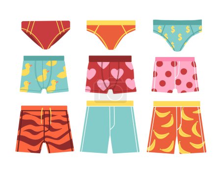 Set of man trunks concept. Beachwear for holidays in tropical and exotic countries, swimming pool. Vacation and travel. Cartoon flat vector collection isolated on white background