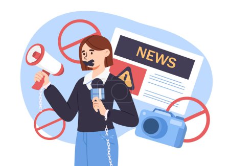 Illustration for Press ban concept. Woman with microphone and closed mouth. Young girl with loudspeaker and camera. Fake news and propaganda, desinformation. Character lie. Cartoon flat vector illustration - Royalty Free Image