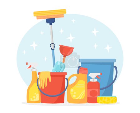 Illustration for Equipment for cleaning service concept. Rubber yellow gloves at red bucket with water. Detergent and chemical products. Soap and sponge. Template and mock up. Cartoon flat vector illustration - Royalty Free Image