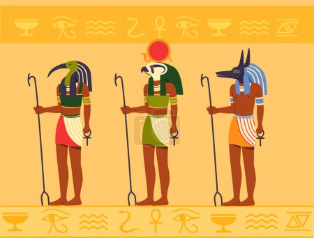 Illustration for Egyptian gods set. Abstract silhouettes, people with animals heads. Traditional african characters. Mythology and culture. Cartoon flat vector collection isolated on yellow background - Royalty Free Image
