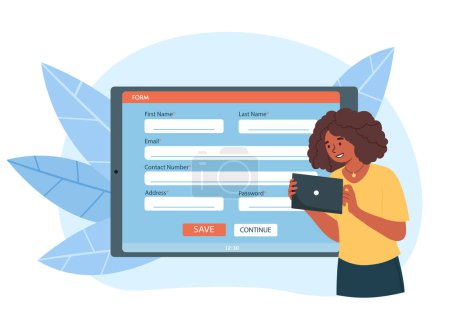 Girl fills out form concept. Woman logs in to website on Internet. Profile and account protection and safety. Character with website security system. Cartoon flat vector illustration