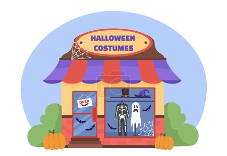 Illustration for Halloween costumes shop concept. Traditional festival of fear and horror. Ghost and skeleton costumes for event and party. Retail pace and market. Cartoon flat vector illustration - Royalty Free Image