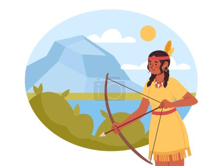 Illustration for Indian girl with bow concept. Woman in traditional clothes with feather at forest. Beautiful landscape and panorama. Template, layout and mock up. Cartoon flat vector illustration - Royalty Free Image