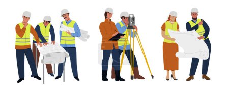 Illustration for Builders team set. Surveyors and engineers in protective helmets with equipment and theodolite. Employees discuss construction business project. Cartoon flat vector isolated on white background - Royalty Free Image