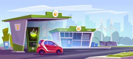Illustration for Electric charging stations poster. Banner with cityscape eco electric machine and mill, road and roadside cafe. Ecology, planet care and sustainable lifestyle concept. Cartoon flat vector illustration - Royalty Free Image
