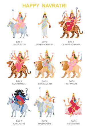 Ilustración de Nueve diosas indias establecidas por Devi. Feliz fiesta Navratri con carácter Navadurga. Tradiciones religiosas relacionadas con la cultura de la India. Dibujos animados colección vector plano aislado sobre fondo blanco - Imagen libre de derechos