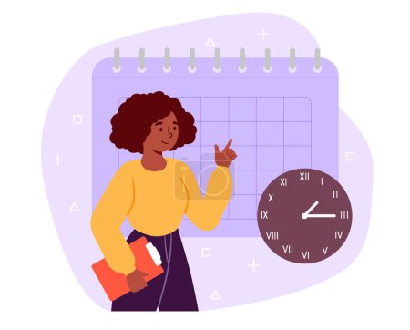 Illustration for Woman with schedule concept. Young girl near clocks and calendar. Planning and scheduling. Time management and organization of efficient workflow. Cartoon flat vector illustration - Royalty Free Image