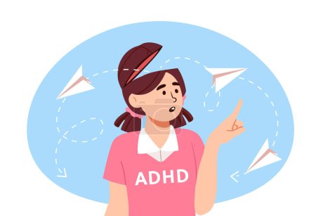 Illustration for Girl with Adhd concept. Child with mental disorder and psychological illness. Child counts paper air planes and follows them. Problem with attention and concentration. Cartoon flat vector illustration - Royalty Free Image