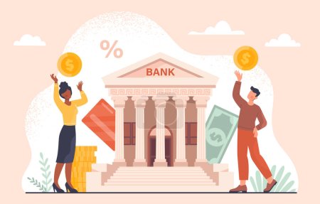 People near bank concept. Man and woman with golden coins near building. Banking operations and cashless transfers and trannsactions. Credit and loan, mortgage. Cartoon flat vector illustration