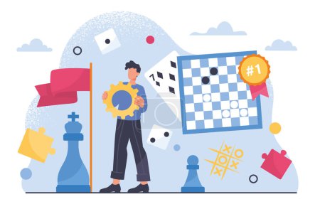 Illustration for Man with board games concept. Faun and entertain,ment, leisure. Young guy near chess, checkers and playing cards. Person with dice, puzzles and tic tac toe. Cartoon flat vector illustration - Royalty Free Image