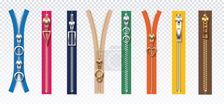 Set of fashion zippers. Elements of clothing and apparel on copy space. Trend and style. Colorful parts of bags. Realistic isometric vector collection isolated on transparent background