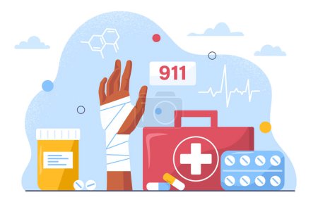 Illustration for First aid boxes concept. Healthcare and treatment, hand in bandage with pills and drugs. Emergency and situation. Character with injury at arm. Poster or banner. Cartoon flat vector illustration - Royalty Free Image