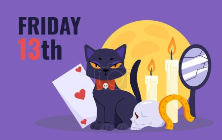 Illustration for Friday 13th poster. Mysticism and paranormal phenomena, rituals. Black cat with cards and candles, mirror. Scary day. Template, layout and mock up. Cartoon flat vector illustration - Royalty Free Image
