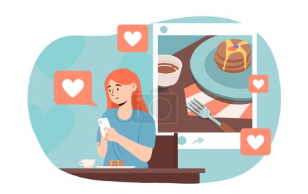Illustration for Woman make post with food. Blogger and influencer share with followers her breakfast. Popular personality and celebrity. Content creator in social networks. Cartoon flat vector illustration - Royalty Free Image