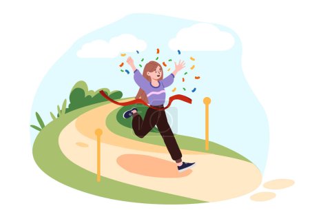 Illustration for Happy runner winner concept. Woman runs into red ribbon with confetti. Young girl celebrates success at finish line. Competitions and tournament, marathon. Cartoon flat vector illustration - Royalty Free Image