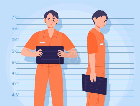 Illustration for Man mugshot concept. Young guy with bruise under his eye and sign in his hand against background of stadiometer. Criminal in prison uniform. Police station. Cartoon flat vector illustration - Royalty Free Image