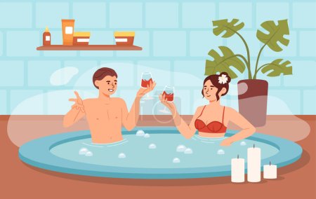 Téléchargez les illustrations : Les gens dans le concept de jacuzzi. Homme et femme avec des verres à vin dans le bain. Reposez-vous et détendez-vous, jeune couple s'amusant ensemble. Homme et fille au rendez-vous romantique. Illustration vectorielle plate de bande dessinée - en licence libre de droit