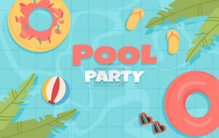 Pool party poster. Rubber rings and ball near sunglasses at water. Summer season and hot weather. Travel and tourism, holiday and vacation. Greeting potcard design. Cartoon flat vector illustration