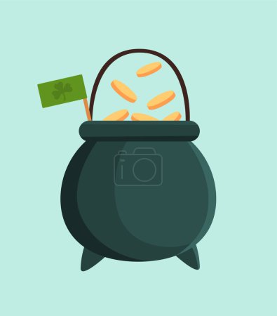 Illustration for St patricks day cauldron with coins concept. Traditional Irish holiday symbol. Pot with cash and wealth, treasure. Luck and fortune. Cartoon flat vector illustration isolated on blue background - Royalty Free Image