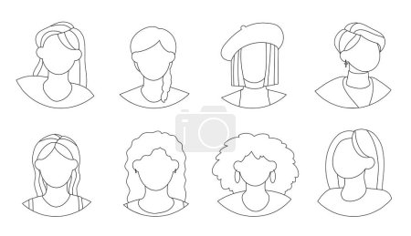 Illustration for Woman line icons set. Silhouettes of young girls. Minimalistic creativity and art. Pack of avatars for social networks and messengers. Linear flat vector collection isolated on white background - Royalty Free Image