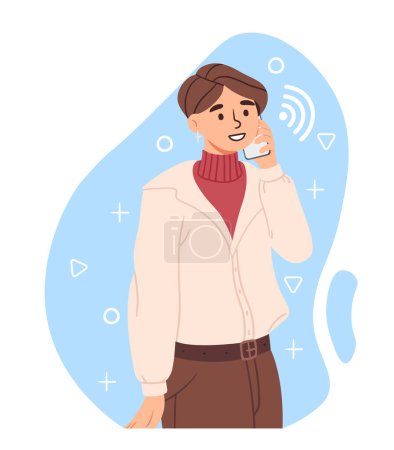 Illustration for Young girl talking on phone. Woman with smartphone in her hands. Character with mobile call. Distance ommunication and interaction. Conversation online. Cartoon flat vector illustration - Royalty Free Image