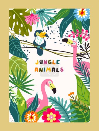 Illustration for Jungle animals poster. Colorful ecotic birds and exotic tree, green leaves and plant. Cute toucan and pink flamingo with blooming flowers. Cartoon flat vector illustration isolated on light background - Royalty Free Image