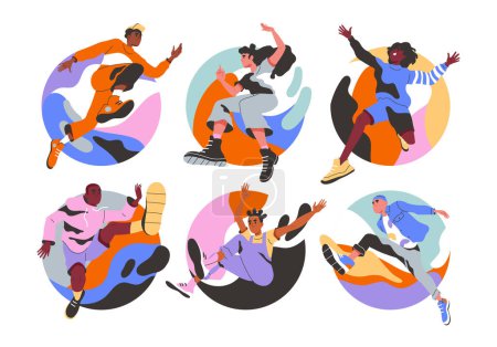 Illustration for Energetic people run and jump set. Happy free young characters lead active lifestyle, set goals and new heights. Adrenaline, enthusiasm and sport. Cartoon flat vector isolated on white background - Royalty Free Image