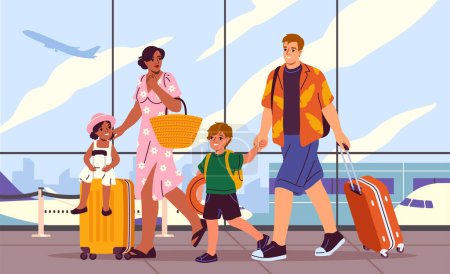 Family at airport. Happy parents travel with children. Mom, dad, son and daughter with suitcases and luggage. Airplane flight on vacation. Characters go on holiday. Cartoon flat vector illustration