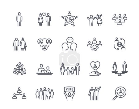 Set of icons of social groups and community. Outline signs with family, children, couple, business partners, friends, populations and generations. Collection of vector illustrations in line art style