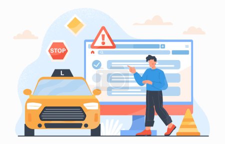 Illustration for Man in driving school concept. Man near car, highway cone and drivers license. Education and training. Young guy near document and road rules. Cartoon flat vector illustration - Royalty Free Image